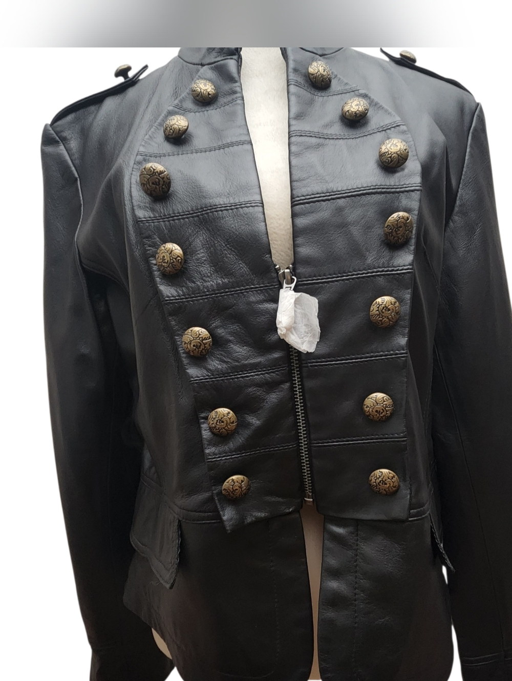 United Face NWT Leather Military Style Jacket Gold Buttons Size XL Moto Luxury - Picture 2 of 15